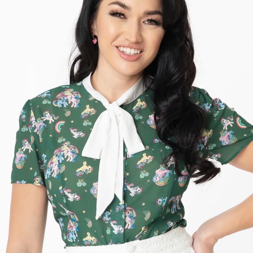 Unique Vintage my little pony Green Bow Tie Blouse with Rainbow Print 2x/18